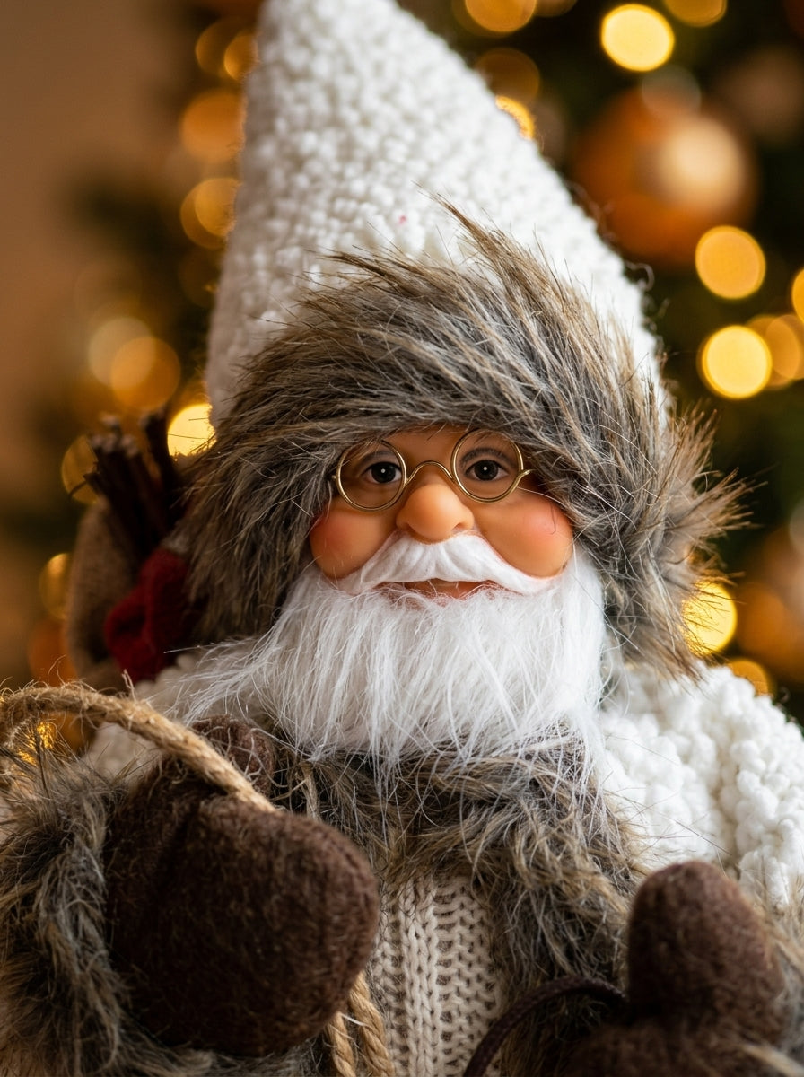 Kış Rüyası – Beyaz Örgülü Nostaljik Noel Baba Dekoratif Figür - 32 CM