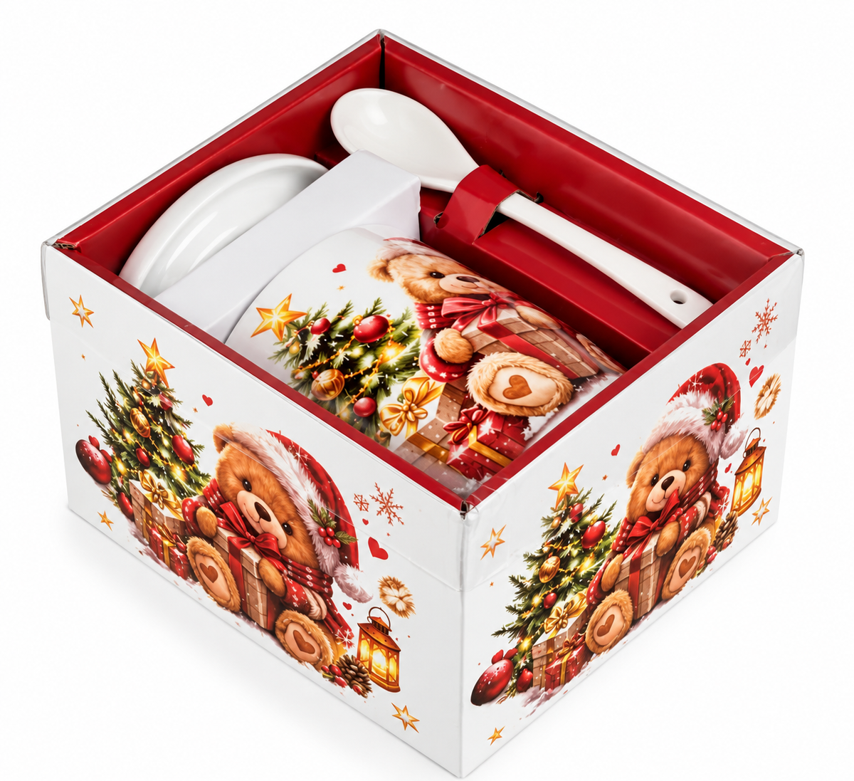 Teddy Christmas – Hediye Kutulu Kapaklı ve Kaşıklı Yılbaşı Kupa Seti