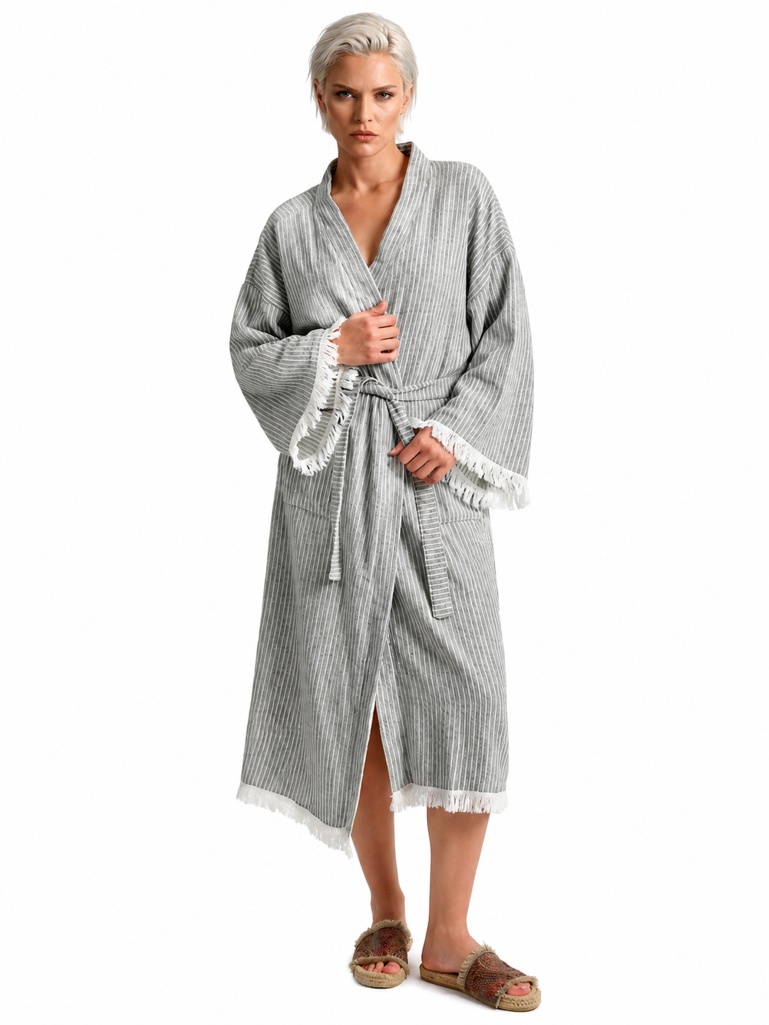 Grey Çizgili Kimono