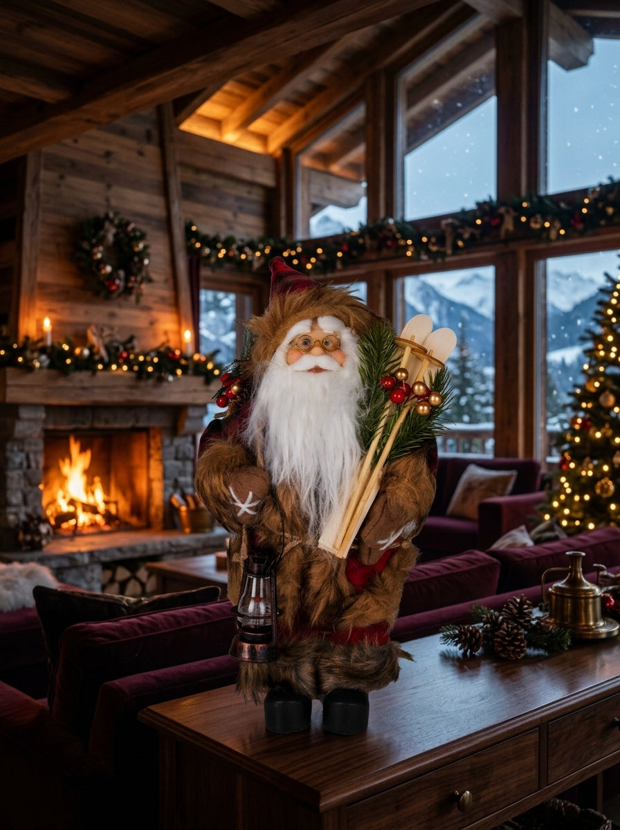 Alpine Santa Kayaklı ve Fenerli Dekoratif Yılbaşı Noel Baba Figürü - 30 CM