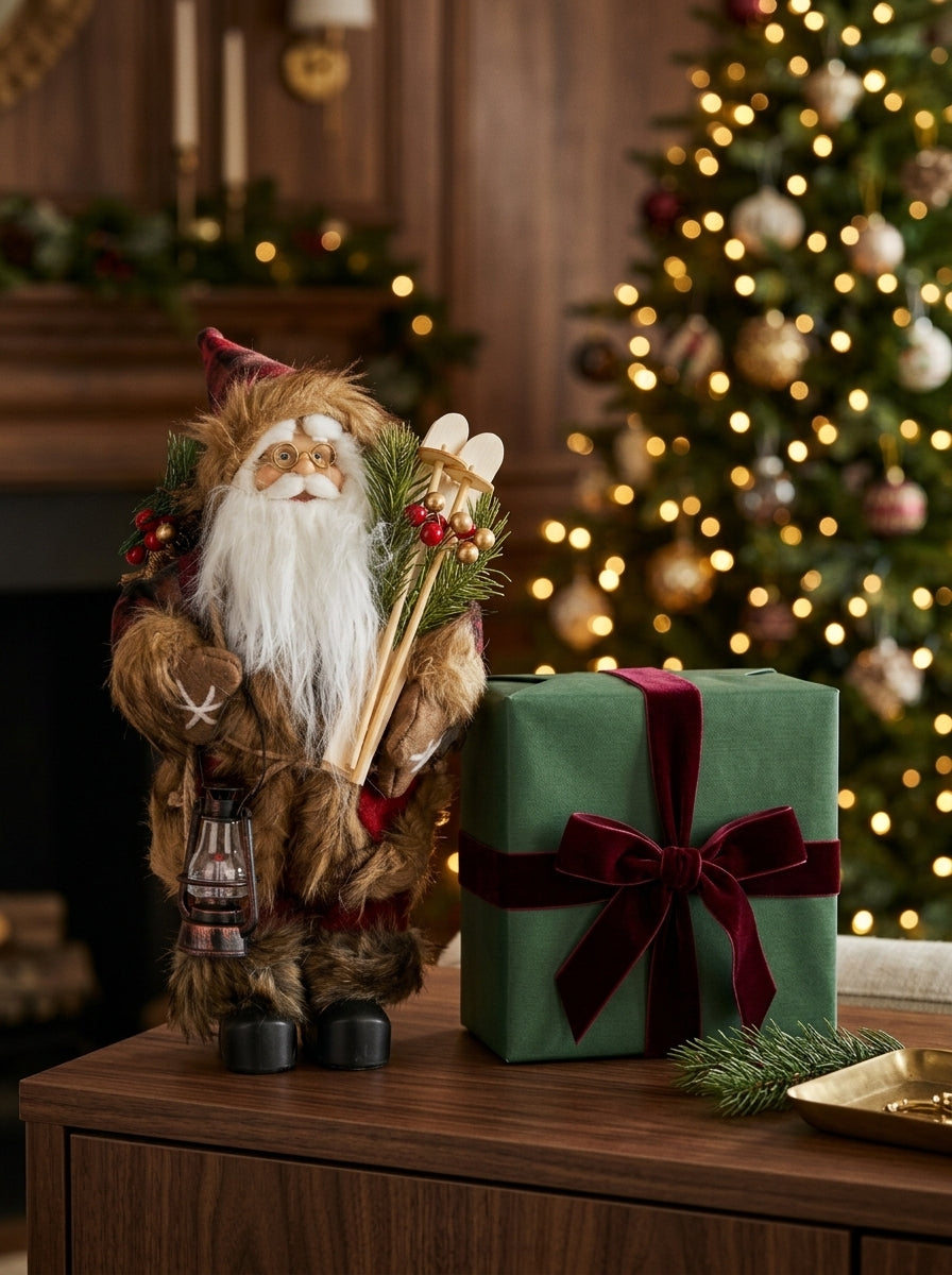 Alpine Santa Kayaklı ve Fenerli Dekoratif Yılbaşı Noel Baba Figürü - 30 CM