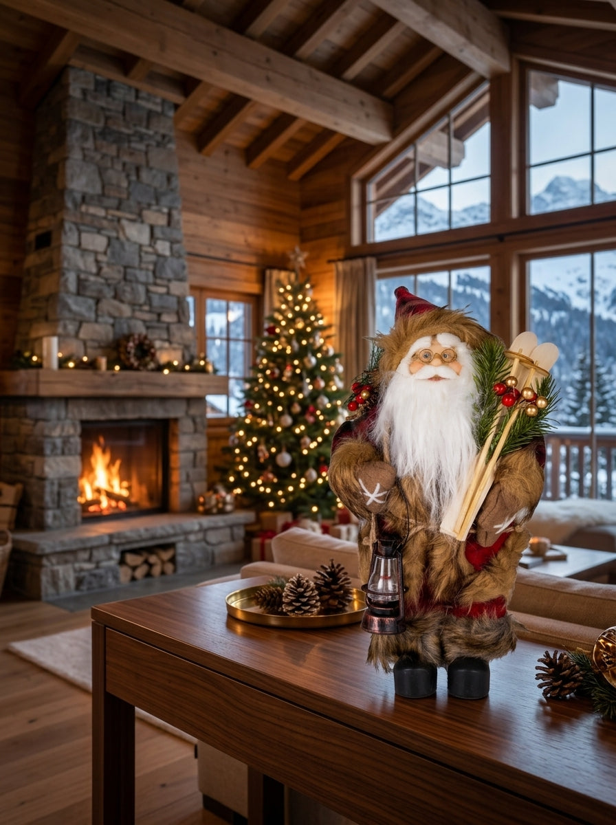 Alpine Santa Kayaklı ve Fenerli Dekoratif Yılbaşı Noel Baba Figürü - 30 CM