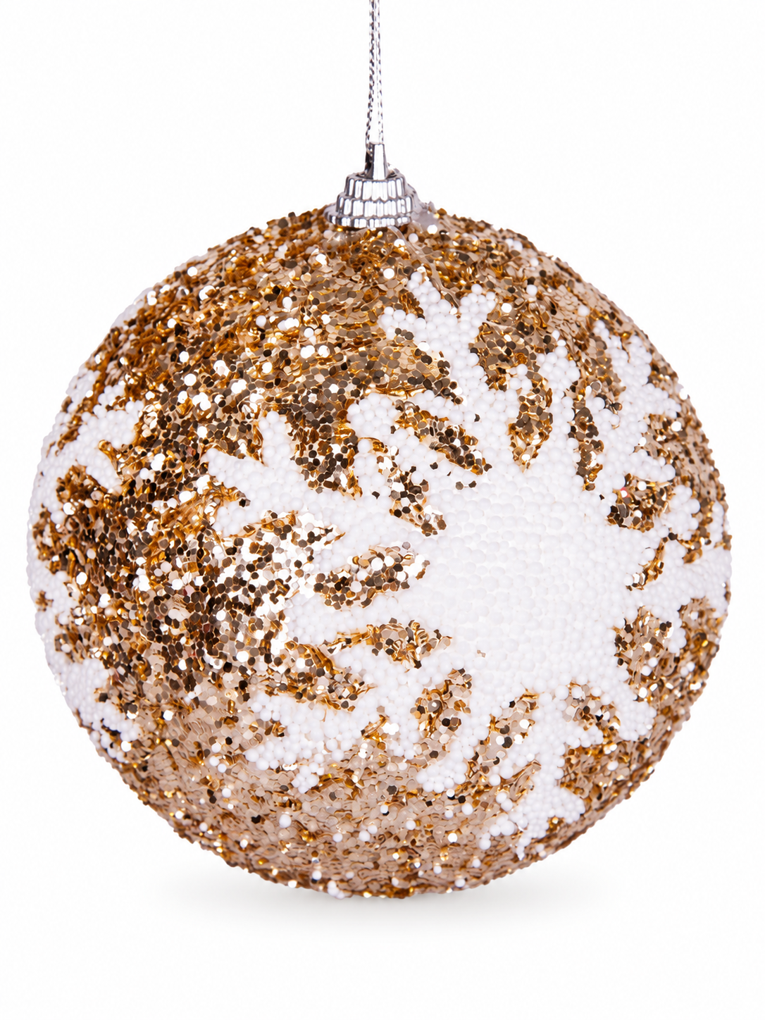 Champagne Snowfall – Beyaz Kar Tanesi Desenli Işıltılı Yılbaşı Topu