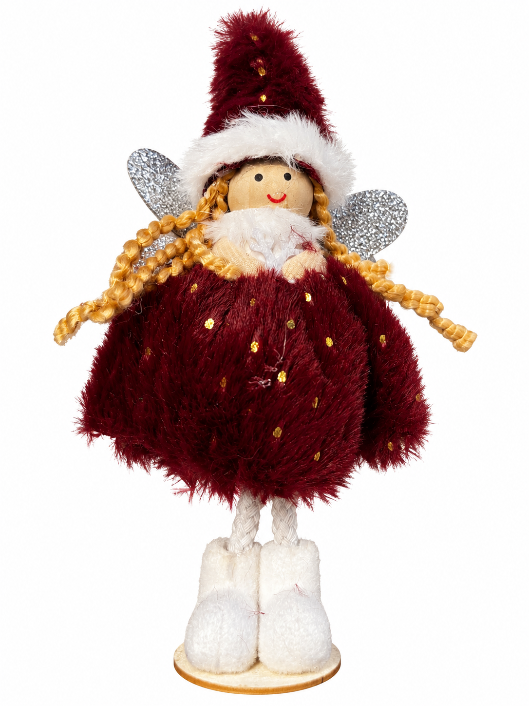 Burgundy Christmas Fairy – Bordo Kürklü Dekoratif Yılbaşı Perisi - 16 CM