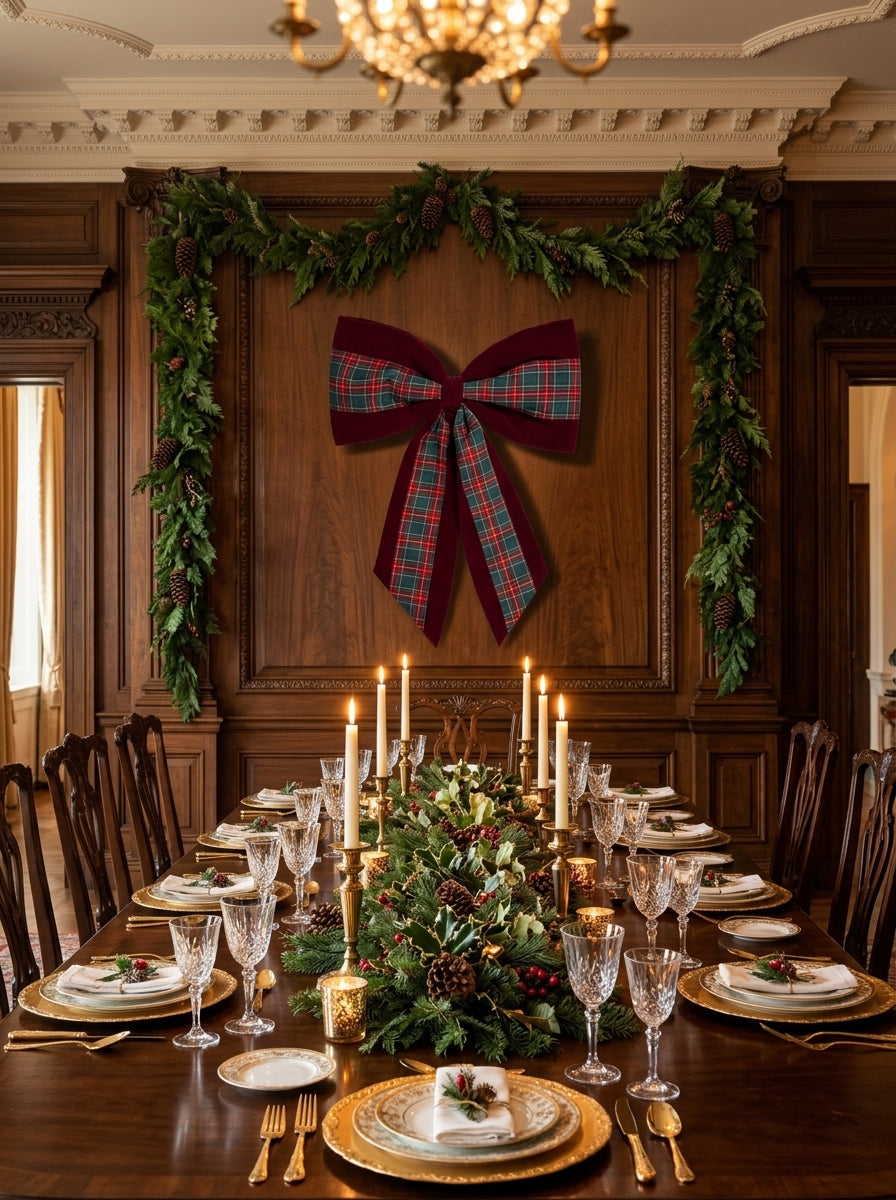 Heritage Christmas – Ekose Detaylı Bordo Kadife Büyük Boy Yılbaşı Fiyongu - 65 CM x 95 CM