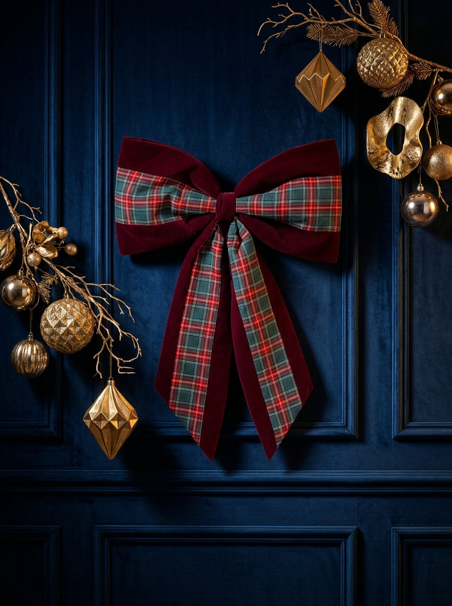 Heritage Christmas – Ekose Detaylı Bordo Kadife Büyük Boy Yılbaşı Fiyongu - 65 CM x 95 CM