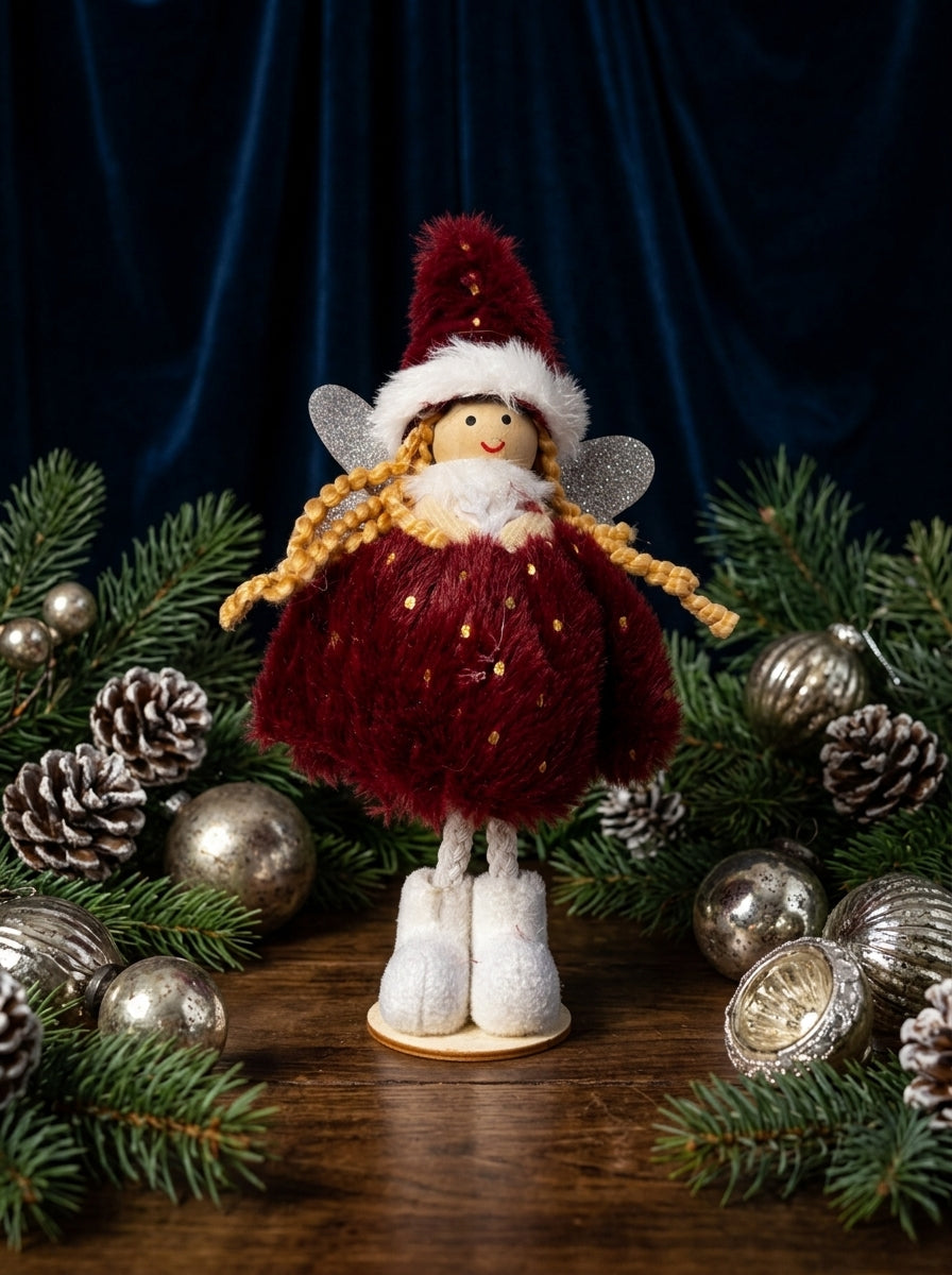 Burgundy Christmas Fairy – Bordo Kürklü Dekoratif Yılbaşı Perisi - 16 CM