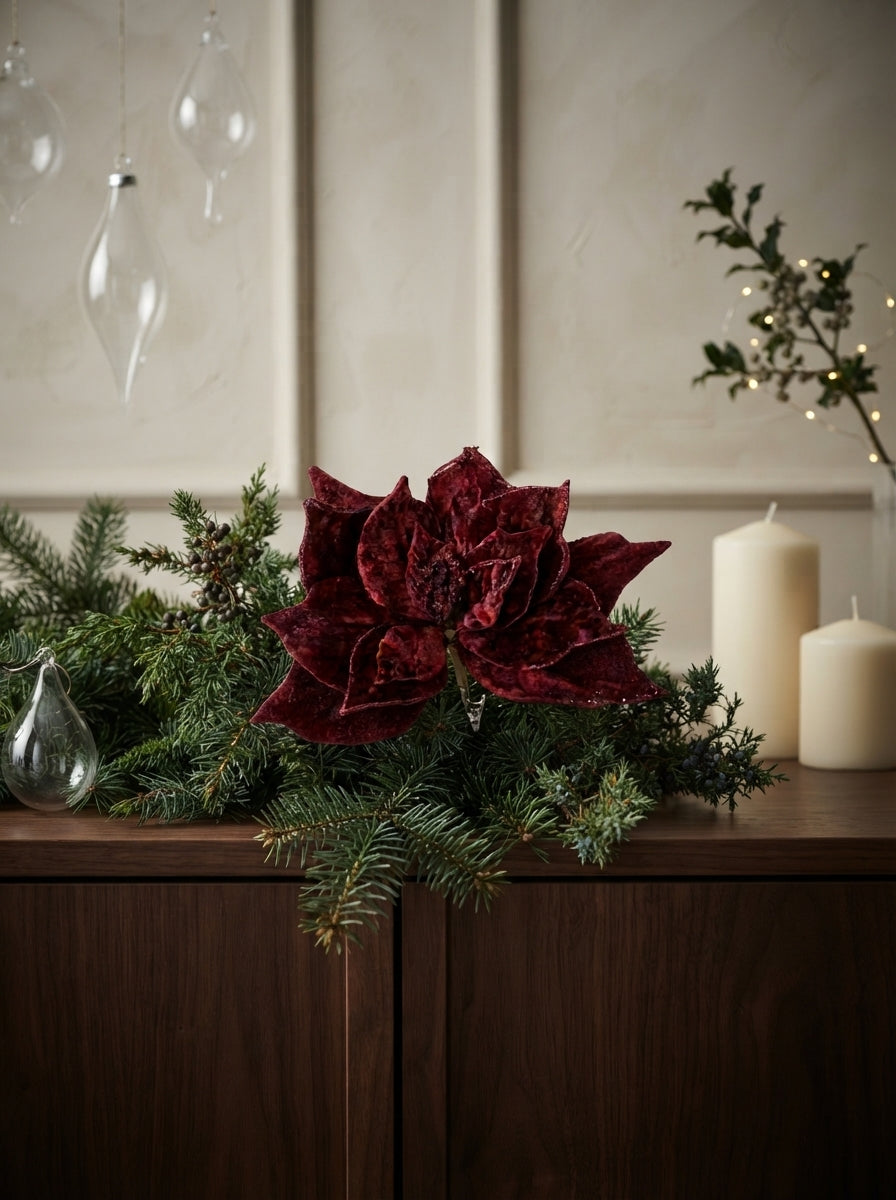 Burgundy Poinsettia Glitter Klipsli Yılbaşı Ağacı Süsü