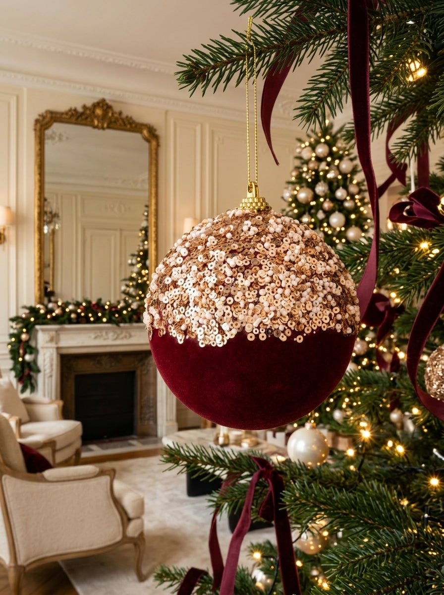 Burgundy Couture – Şampanya Payetli Bordo Kadife Yılbaşı Ağacı Süsü - 9 CM