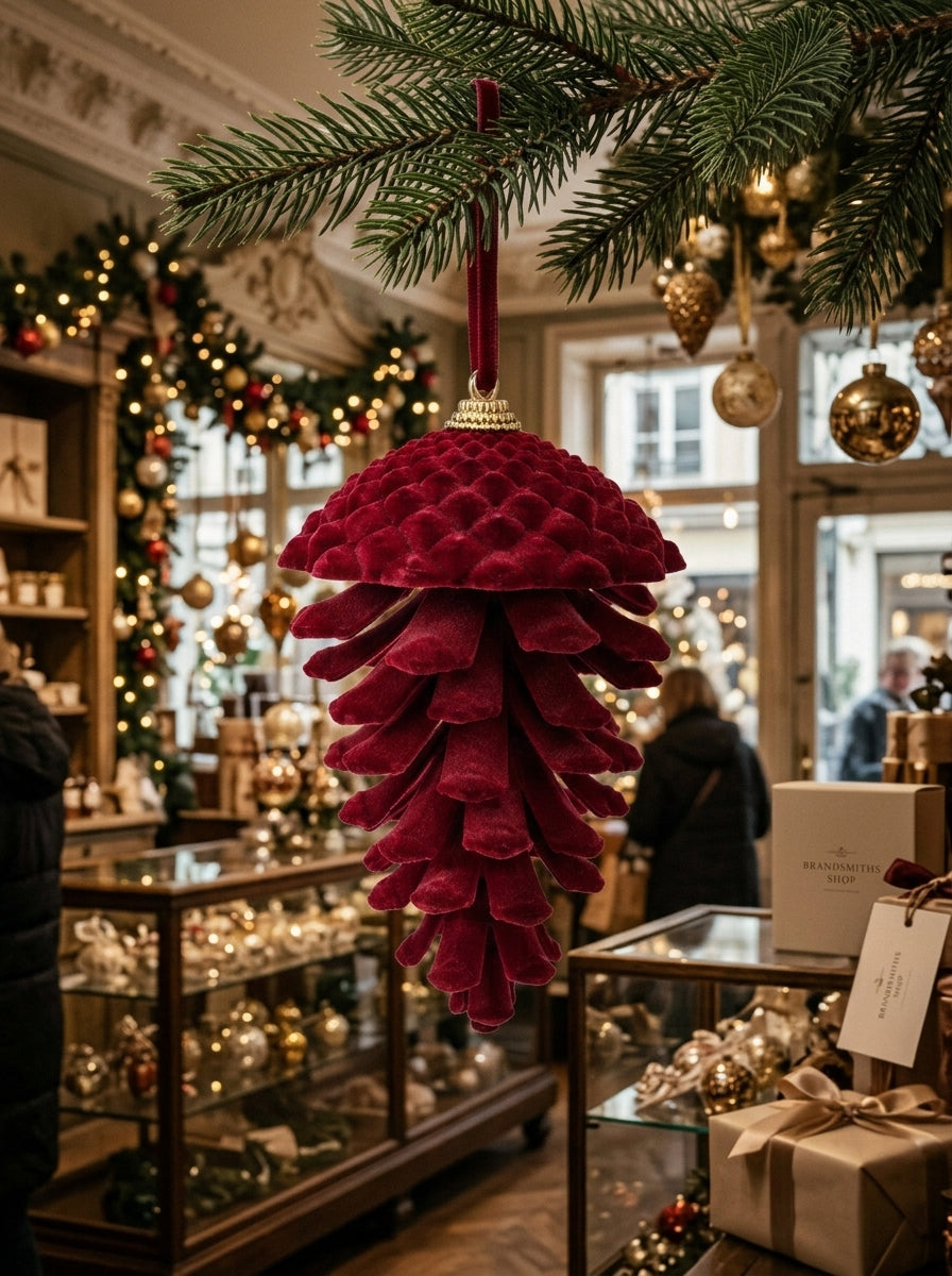 Burgundy Forest – Bordo Kadife Kozalak Yılbaşı Ağacı Süsü - 15 CM