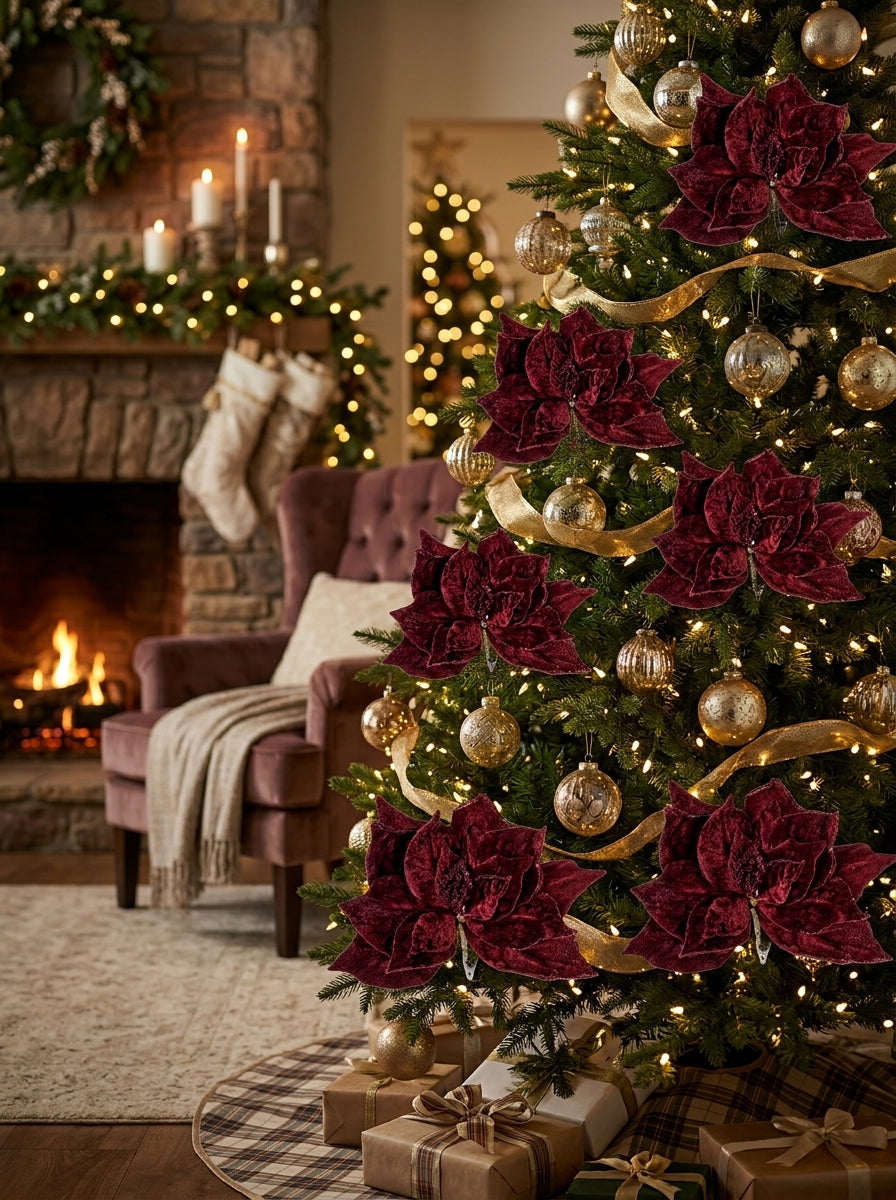 Burgundy Poinsettia Glitter Klipsli Yılbaşı Ağacı Süsü