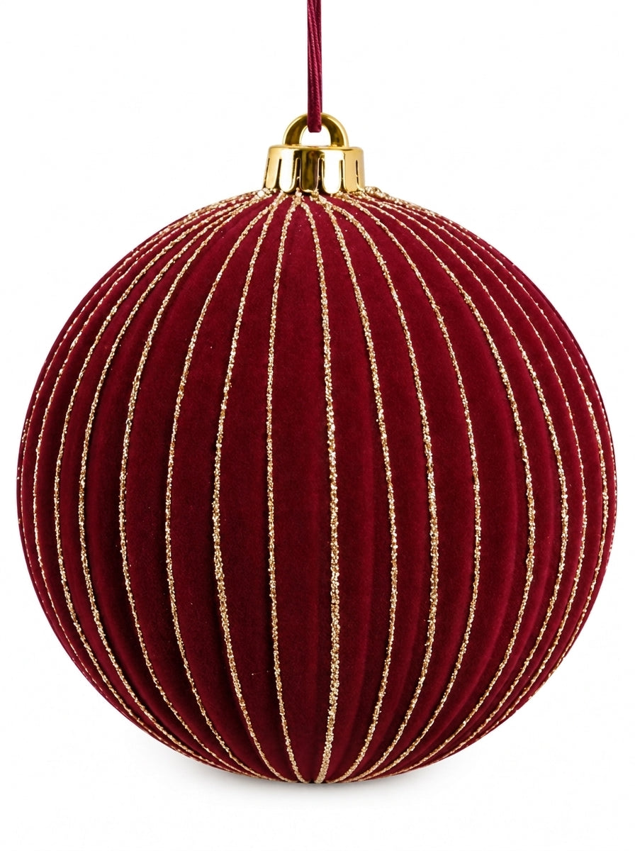 Burgundy Velvet – Altın Işıltılı Bordo Kadife Yılbaşı Ağacı Topu 15 CM Çapında