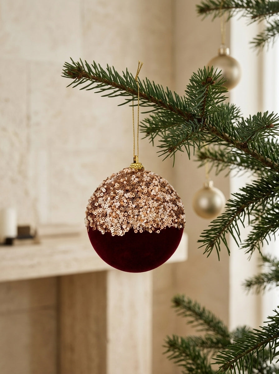 Burgundy Couture – Şampanya Payetli Bordo Kadife Yılbaşı Ağacı Süsü - 9 CM