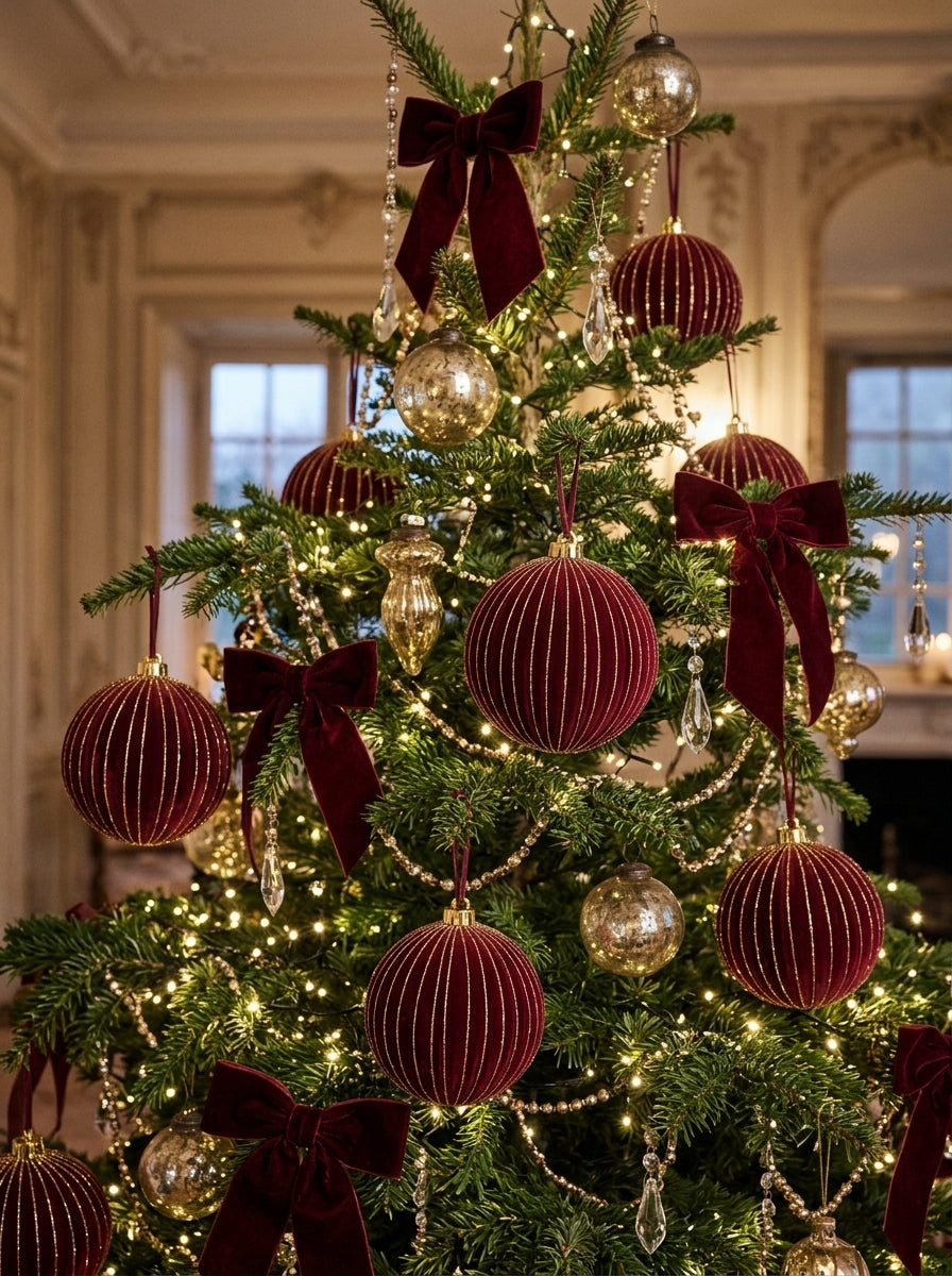 Burgundy Velvet – Altın Işıltılı Bordo Kadife Yılbaşı Ağacı Topu 15 CM Çapında