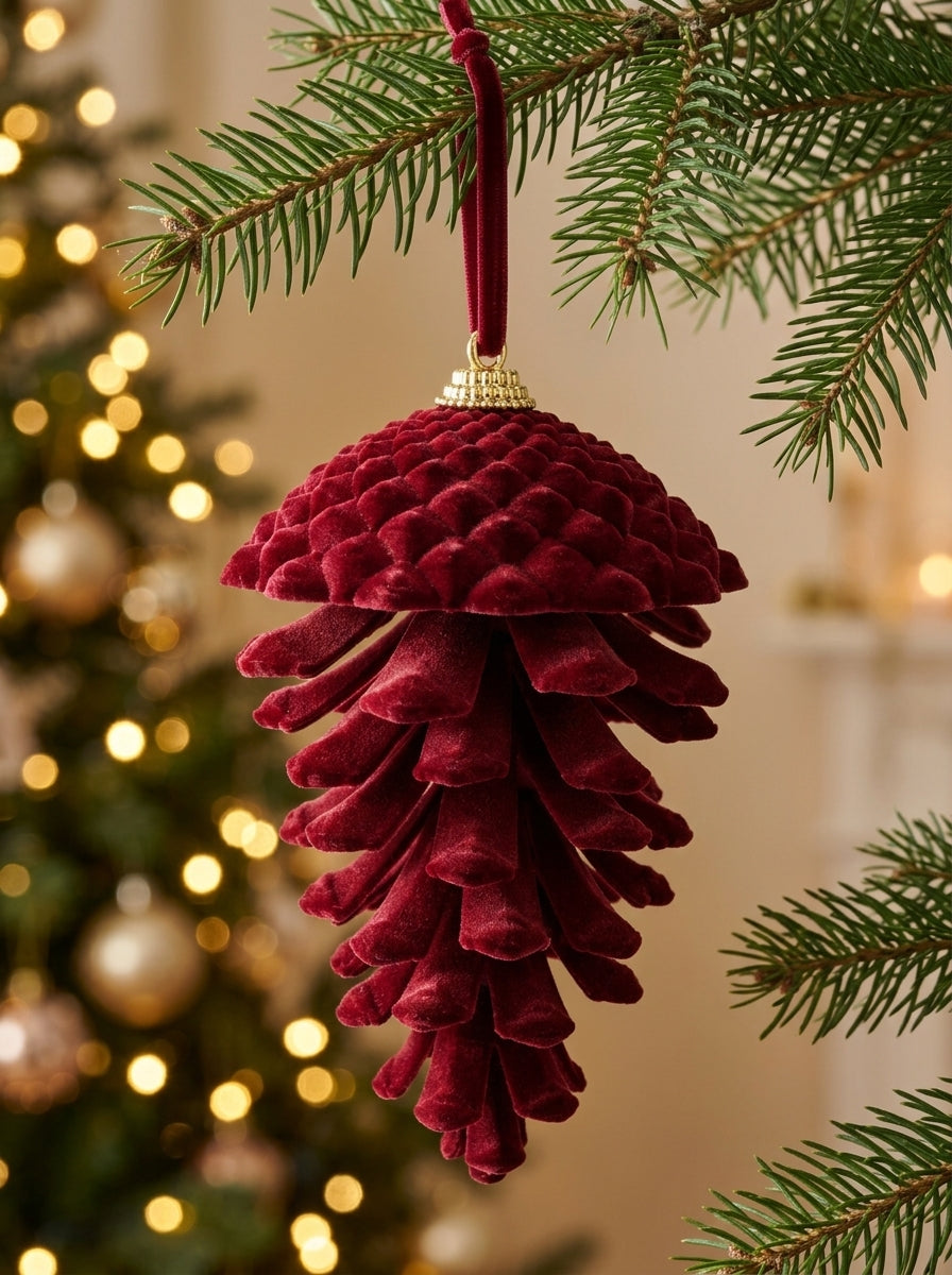 Burgundy Forest – Bordo Kadife Kozalak Yılbaşı Ağacı Süsü - 15 CM
