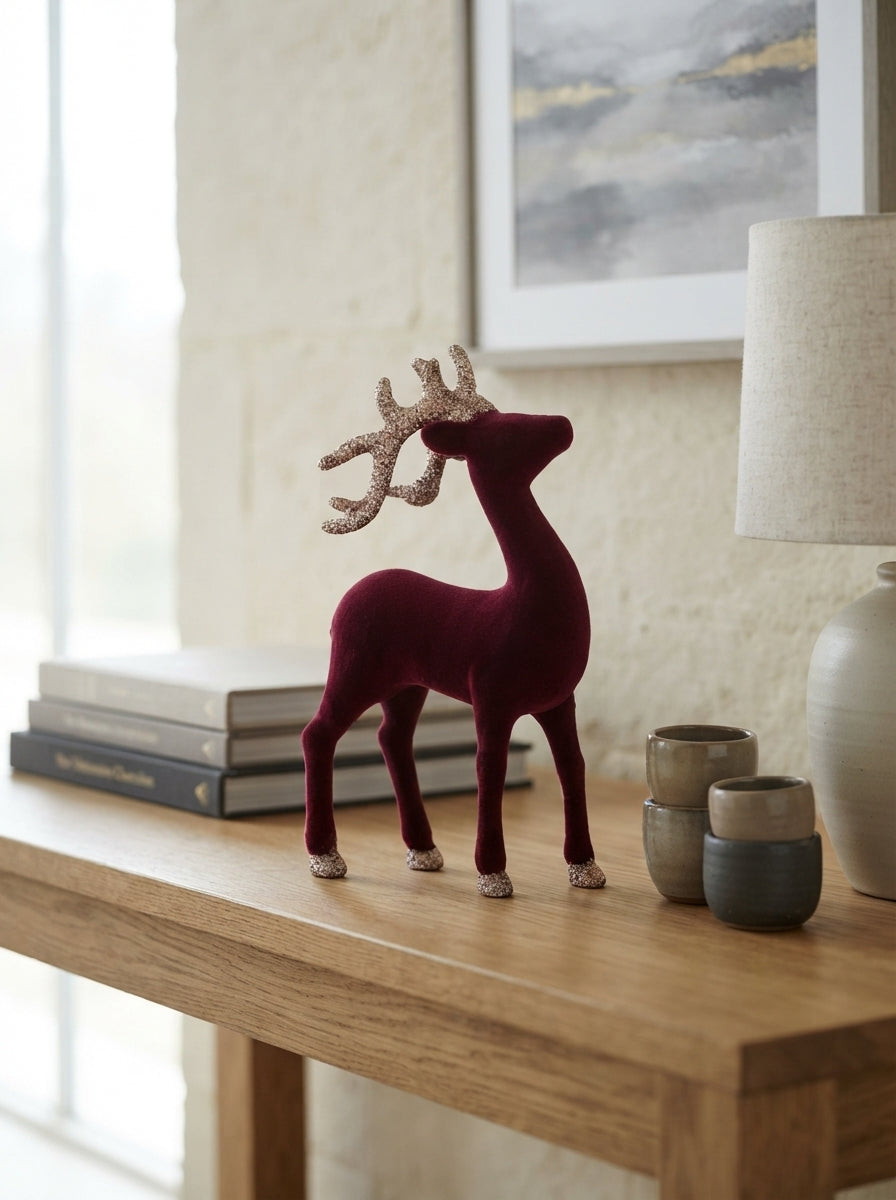 Burgundy Velvet Reindeer Dekoratif Yılbaşı Geyiği