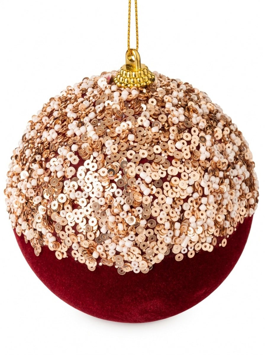 Burgundy Couture – Şampanya Payetli Bordo Kadife Yılbaşı Ağacı Süsü - 9 CM