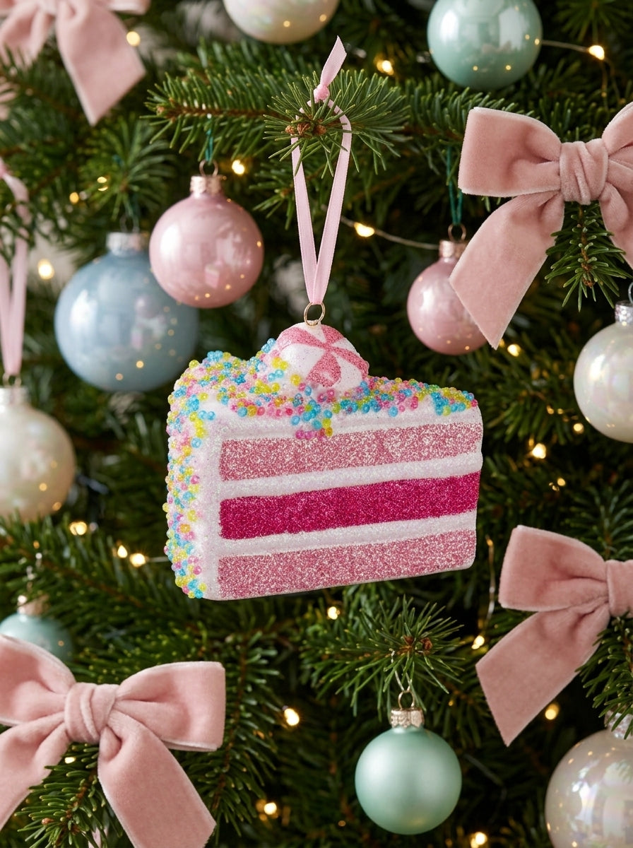 Pink Patisserie – Pembe Işıltılı Pasta Dilimi Yılbaşı Ağacı Süsü - 9 CM