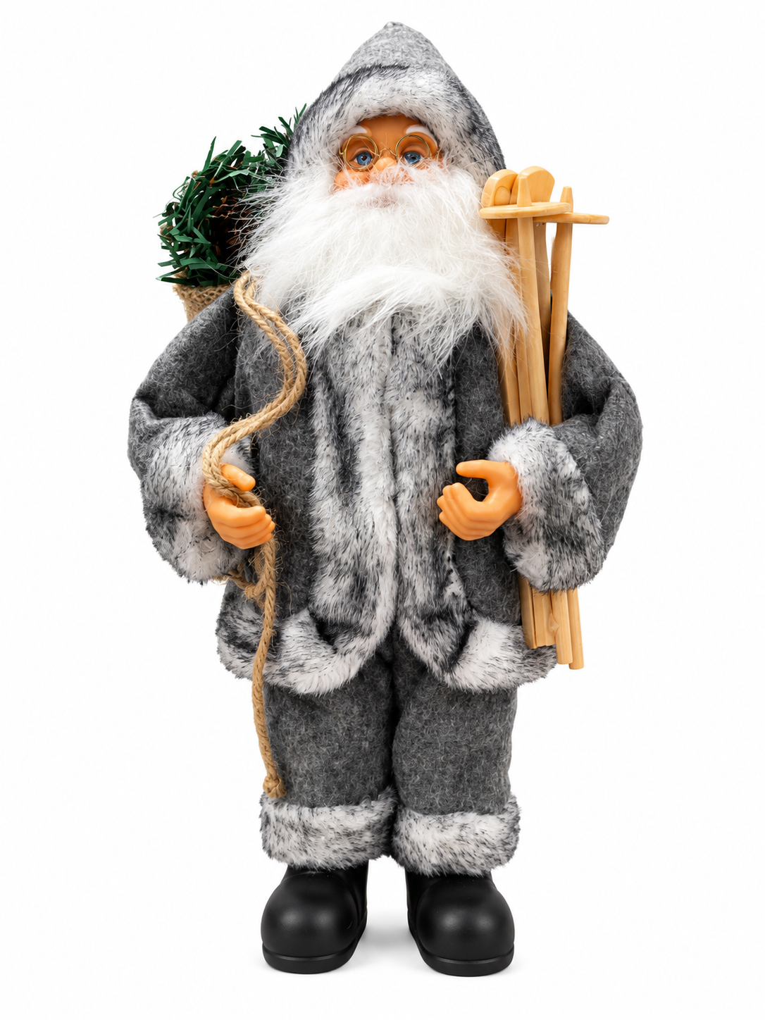 Kuzeyin Büyüsü – Gri Kürklü Kızaklı Noel Baba Dekoratif Figür 32 CM