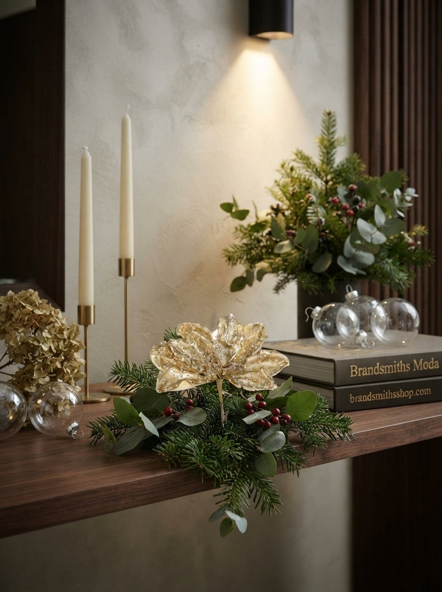 Golden Crystal Klipsli Yılbaşı Çiçeği Ağaç Süsü