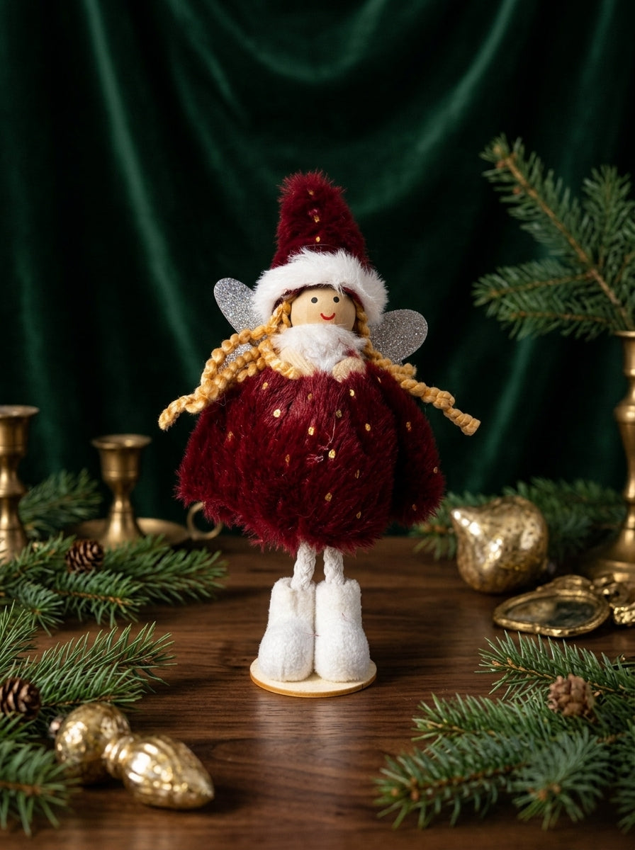 Burgundy Christmas Fairy – Bordo Kürklü Dekoratif Yılbaşı Perisi - 16 CM