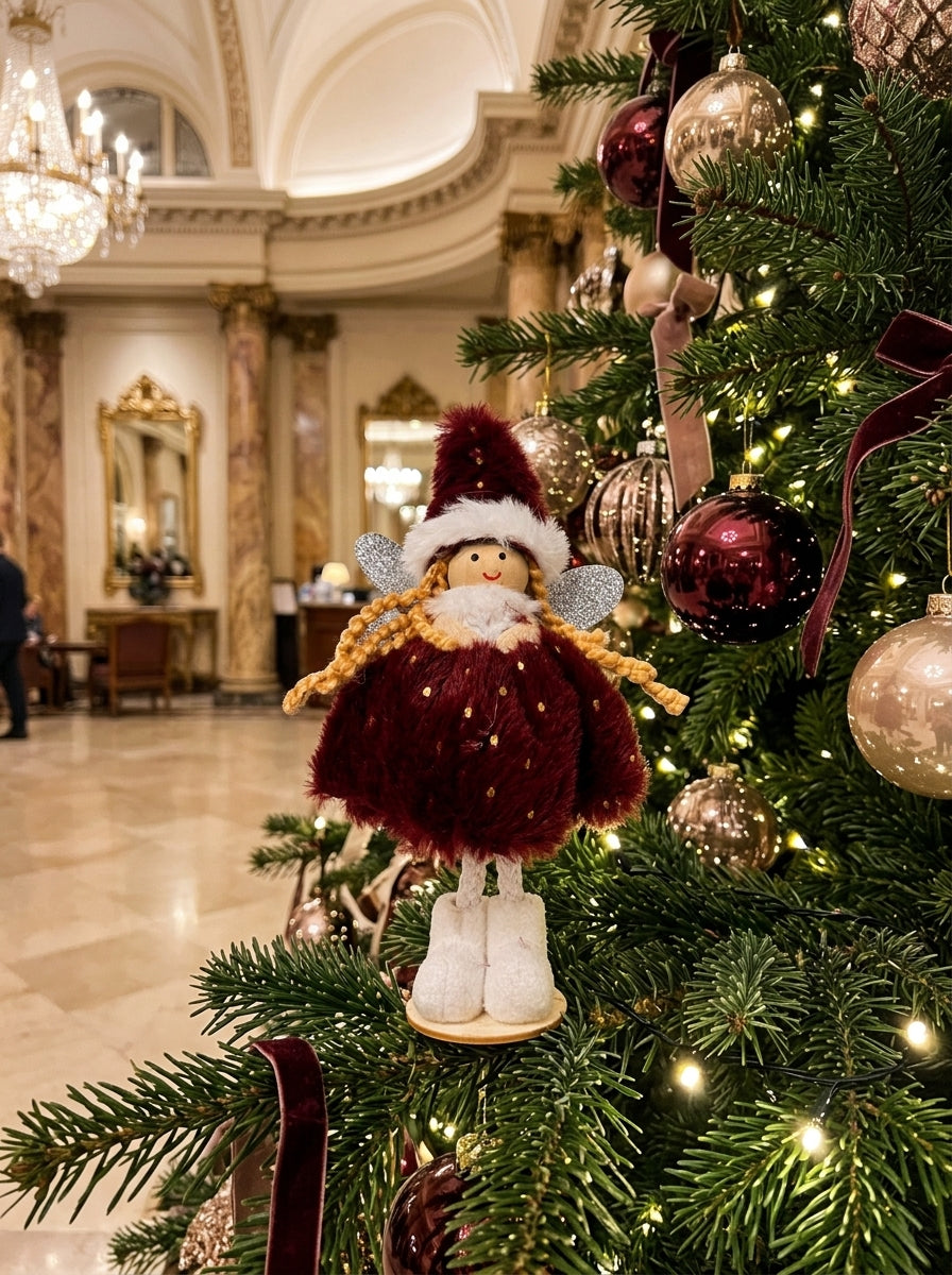 Burgundy Christmas Fairy – Bordo Kürklü Dekoratif Yılbaşı Perisi - 16 CM