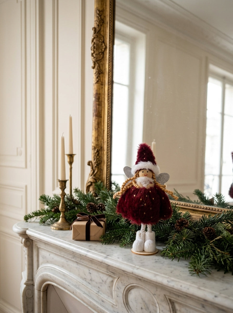 Burgundy Christmas Fairy – Bordo Kürklü Dekoratif Yılbaşı Perisi - 16 CM