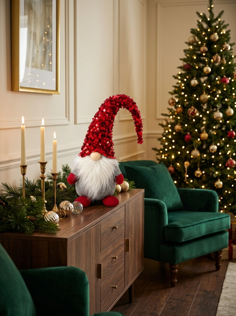 Christmas Gnome Kırmızı Payet Şapkalı Dekoratif Yılbaşı Figürü - 42 CM