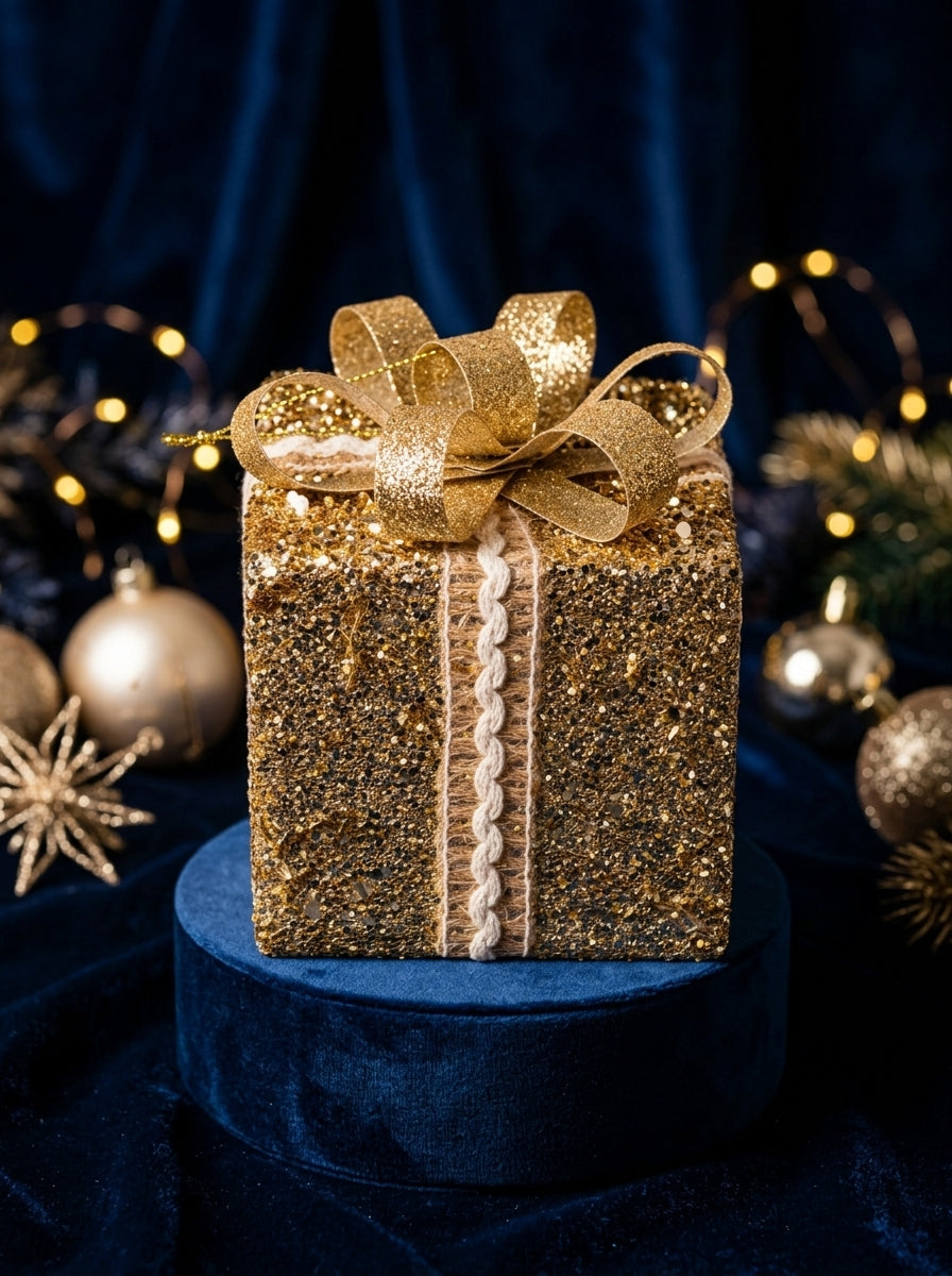 Golden Christmas Gift – Işıltılı Gold Fiyonklu Dekoratif Yılbaşı Hediye Paketi