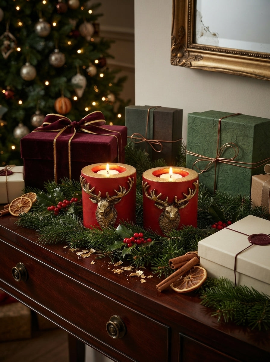Gold Geyik Detaylı Kırmızı Tealight Mumluk 2’li Set