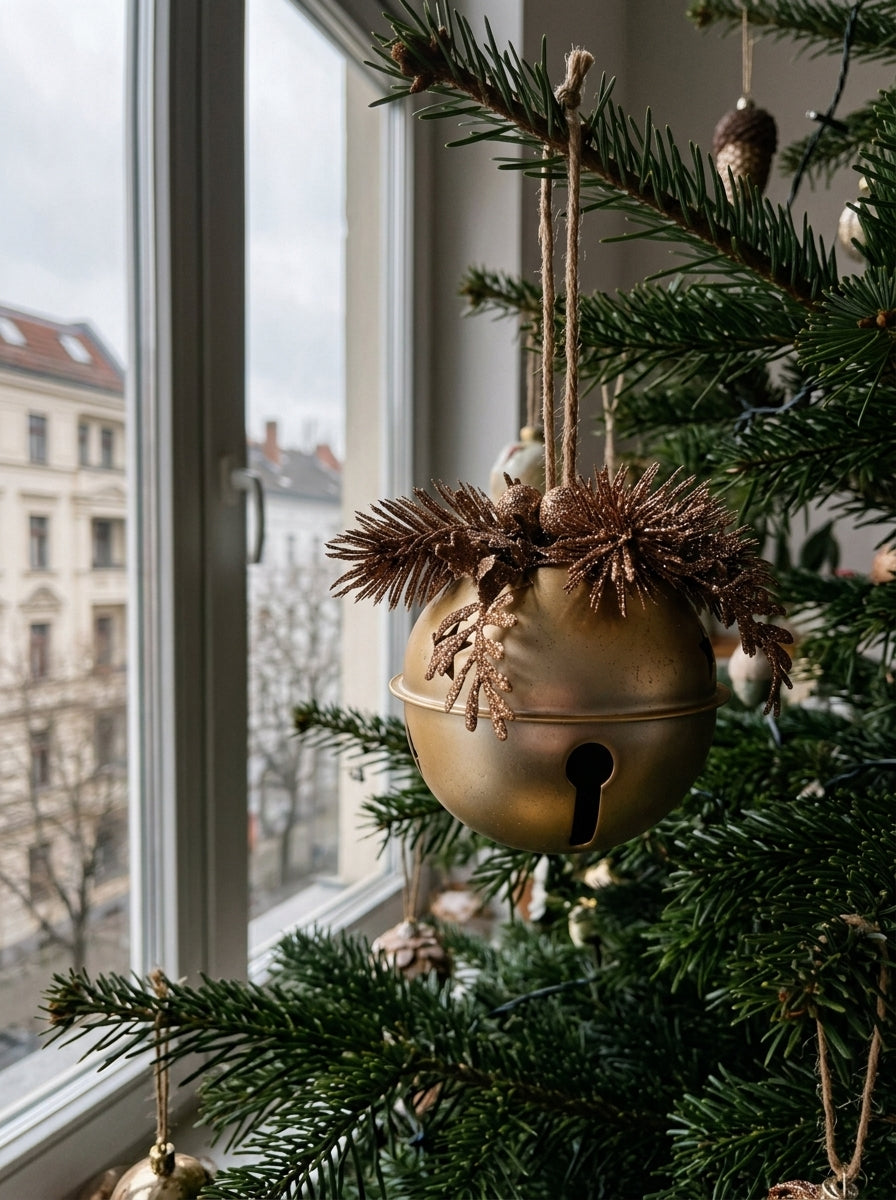 Nordic Christmas Bell Gold – Işıltılı Çam Dallı Yılbaşı Çanı