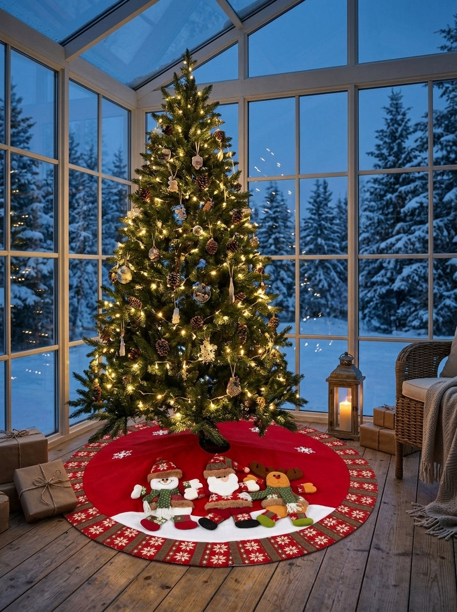 Christmas Story Santa Claus, Snowman and Reindeer Patterned Red Christmas Tree Skirt – 120 CM