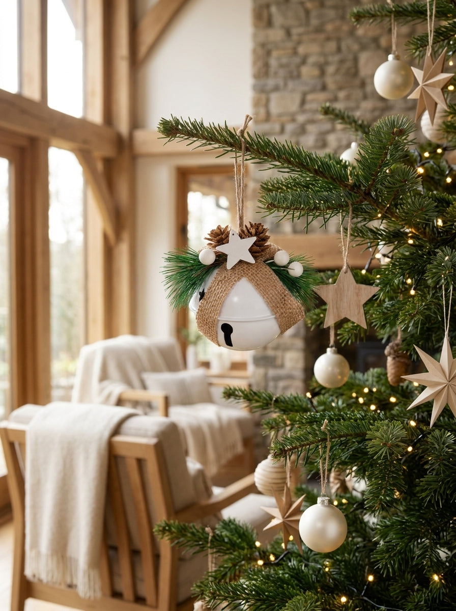 Nordic Christmas Bell – Kozalak ve Yıldız Detaylı Beyaz Yılbaşı Çanı