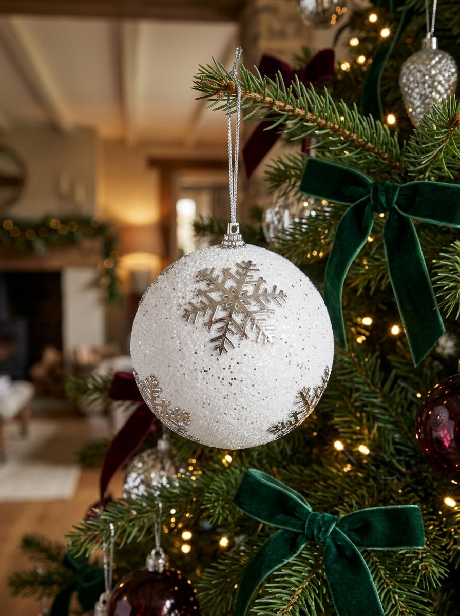 Silver Snowflake Dream – Gümüş Kar Tanesi Desenli Beyaz Yılbaşı Topu