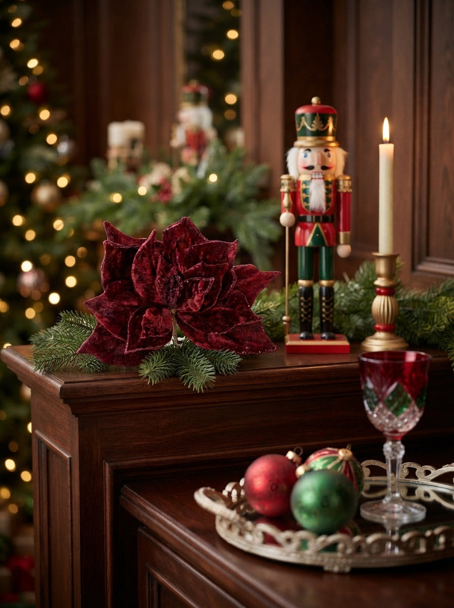 Burgundy Poinsettia Glitter Klipsli Yılbaşı Ağacı Süsü