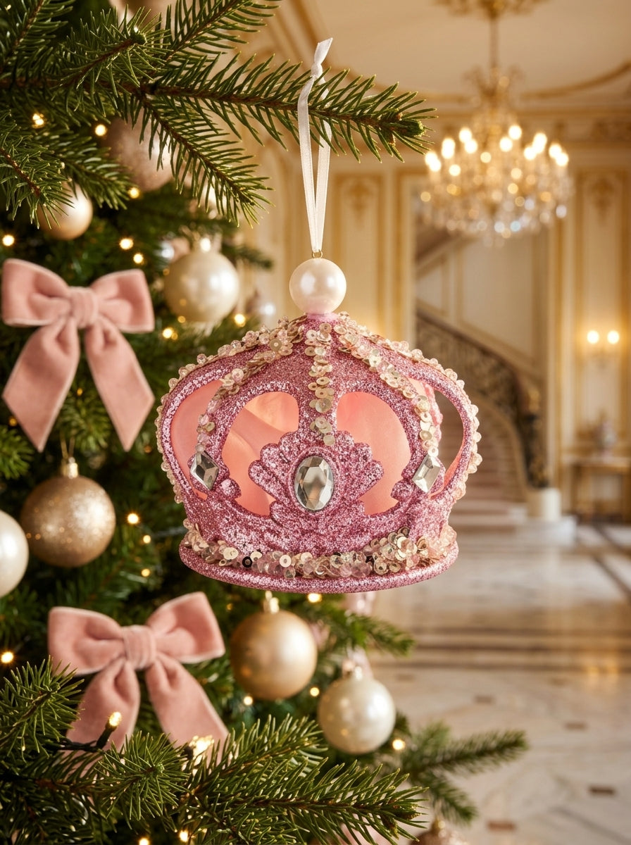 Pink Royal – Kristal Işıltılı Pembe Kraliyet Tacı Yılbaşı Ağacı Süsü - 8 CM