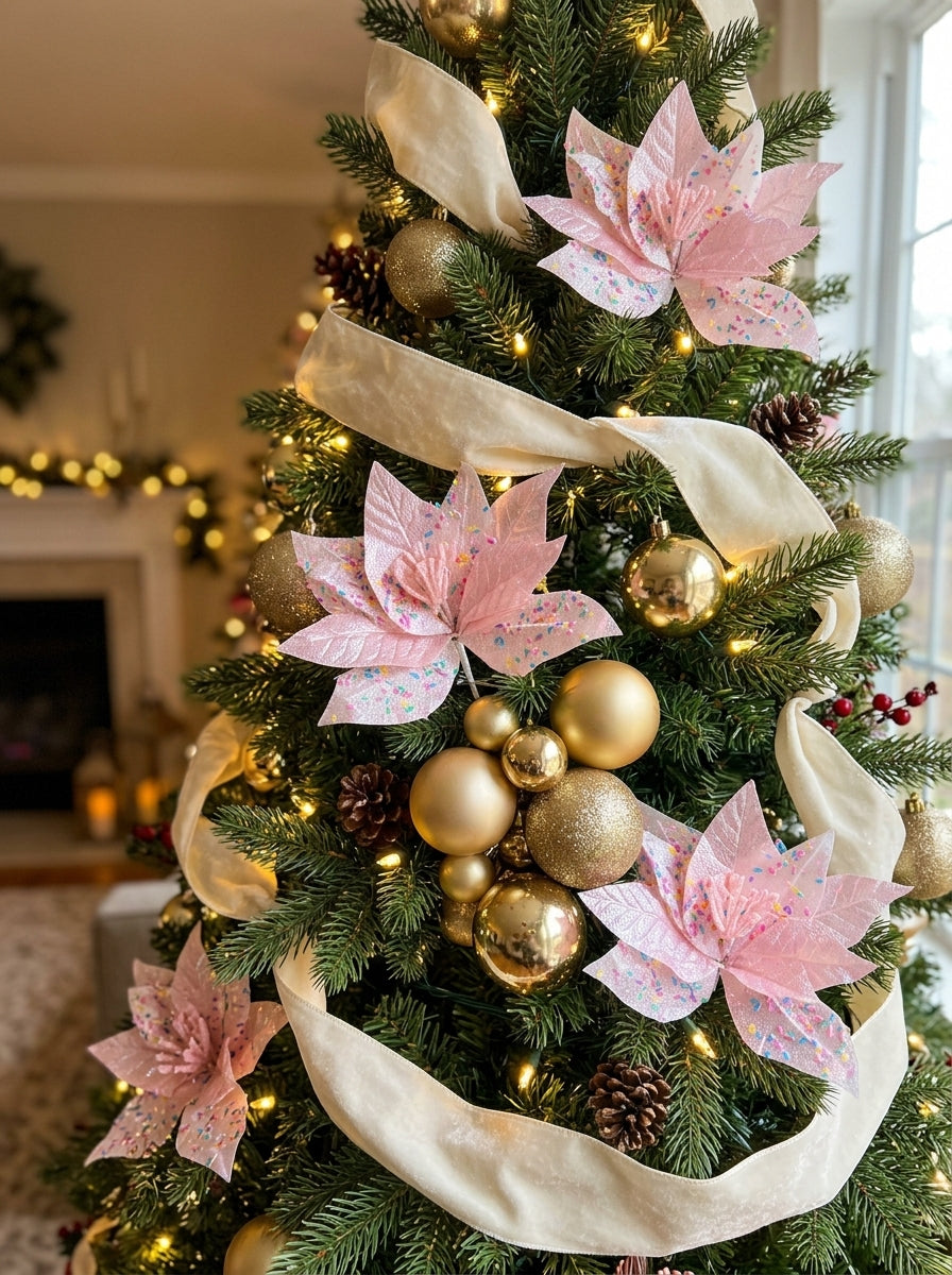 Pink Candy Poinsettia Glitter Yılbaşı Ağacı Süsü