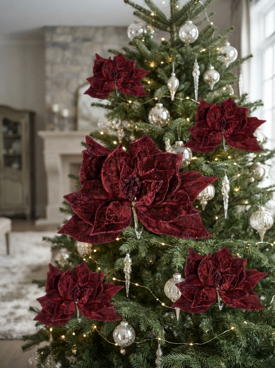 Burgundy Poinsettia Glitter Klipsli Yılbaşı Ağacı Süsü