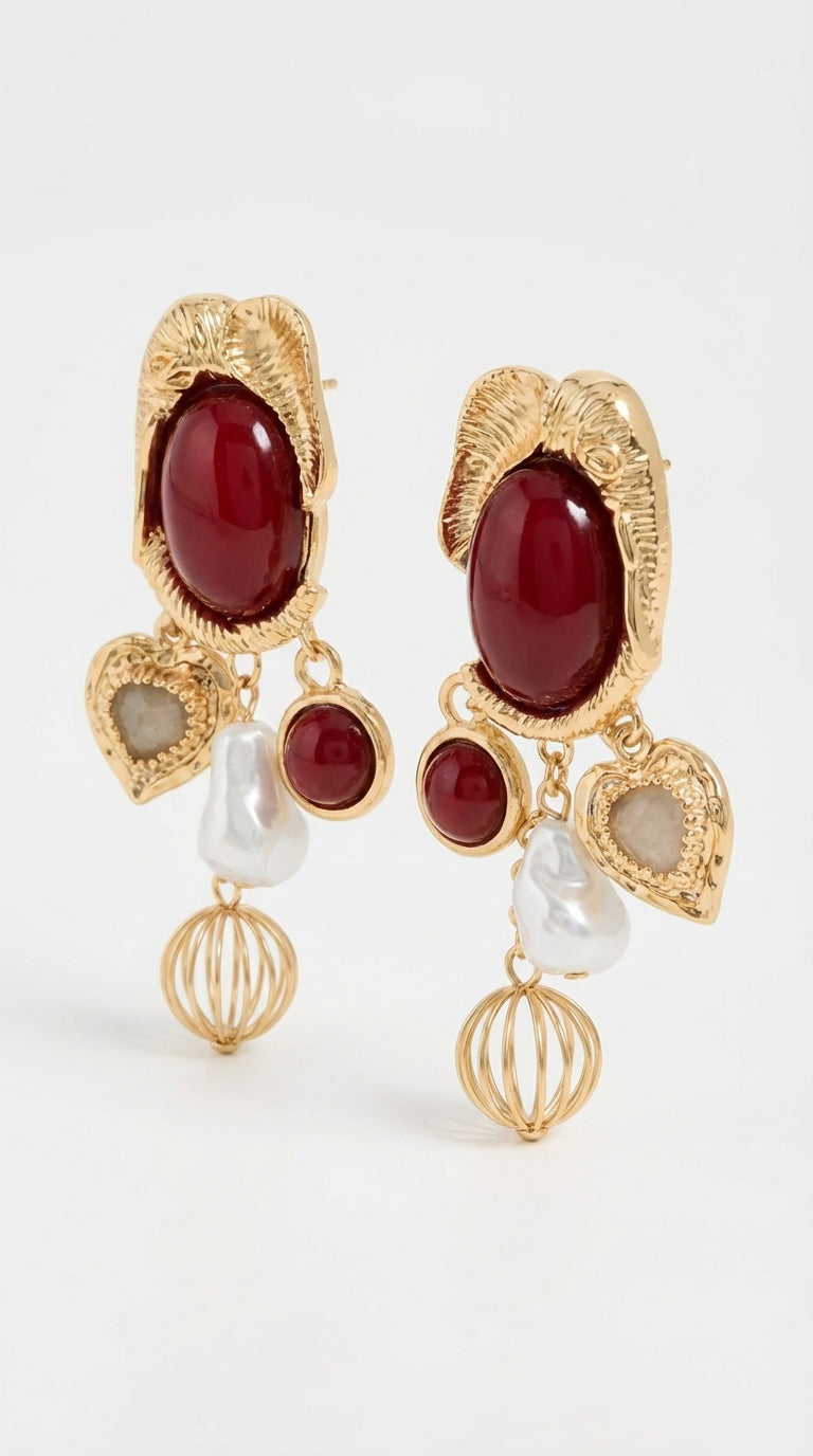 Bordo İnci Kalp Damla Küpe