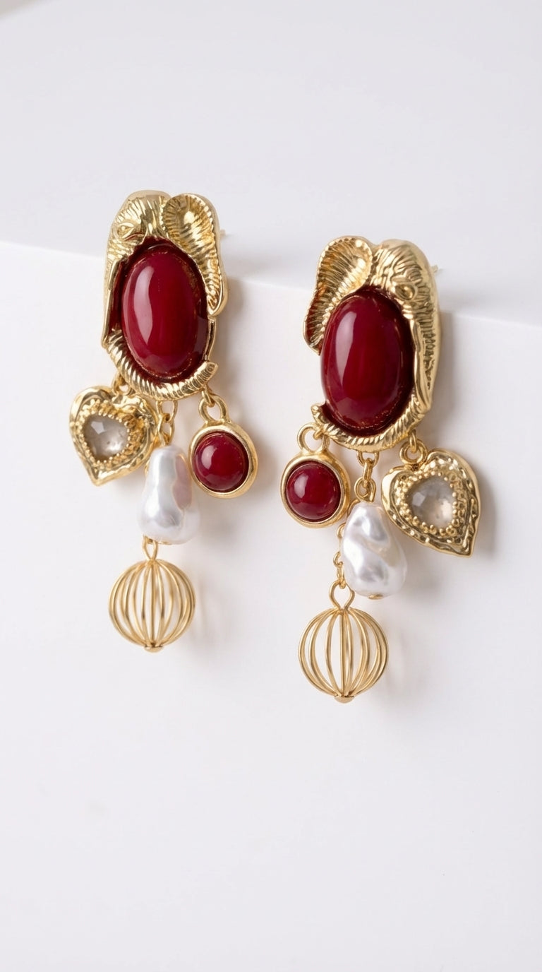 Bordo İnci Kalp Damla Küpe