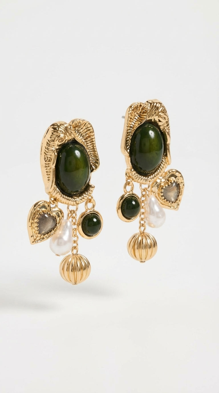 Emarald İnci Kalp Damla Küpe