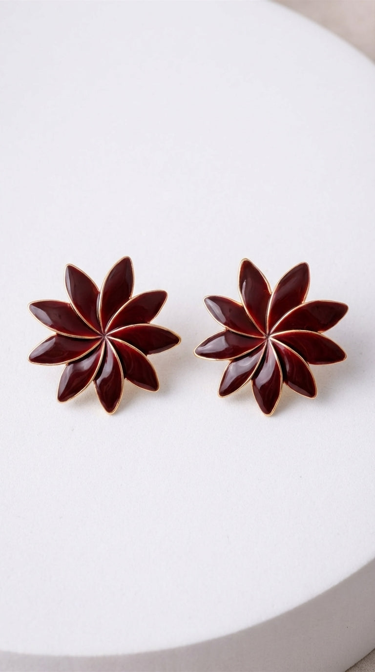 Burgundy Çiçek Küpe