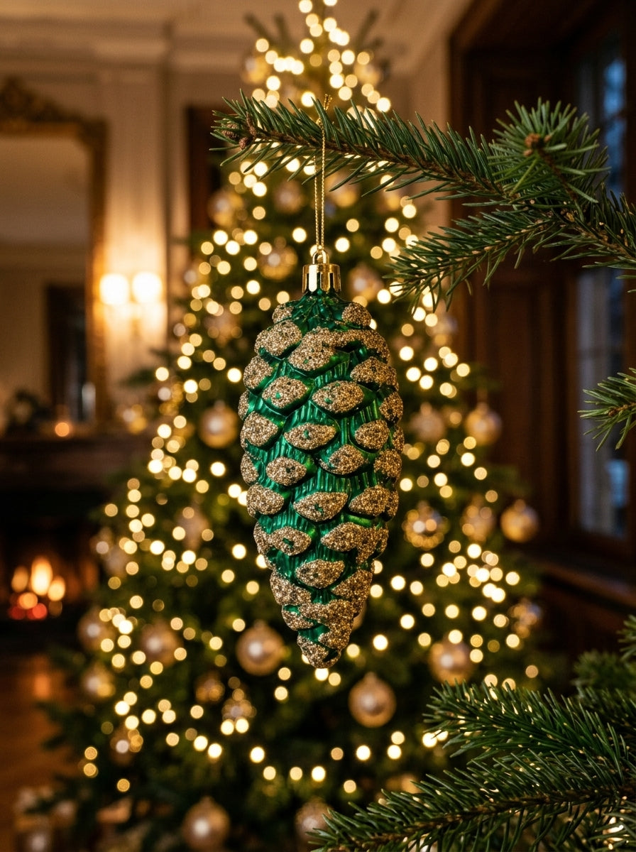 Emerald Pine – Zümrüt Yeşili Gold Işıltılı Kozalak Yılbaşı Ağacı Süsü - 13 CM