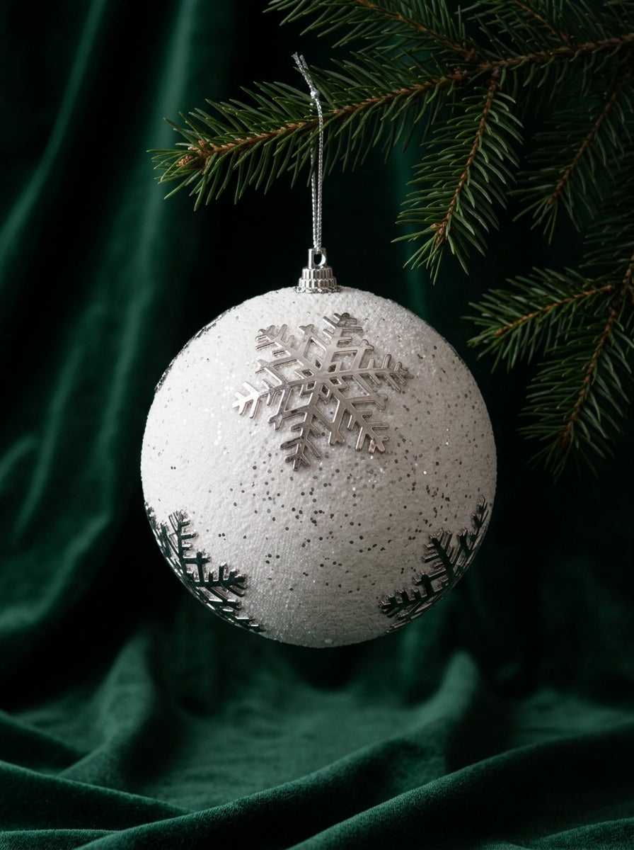 Silver Snowflake Dream – Gümüş Kar Tanesi Desenli Beyaz Yılbaşı Topu