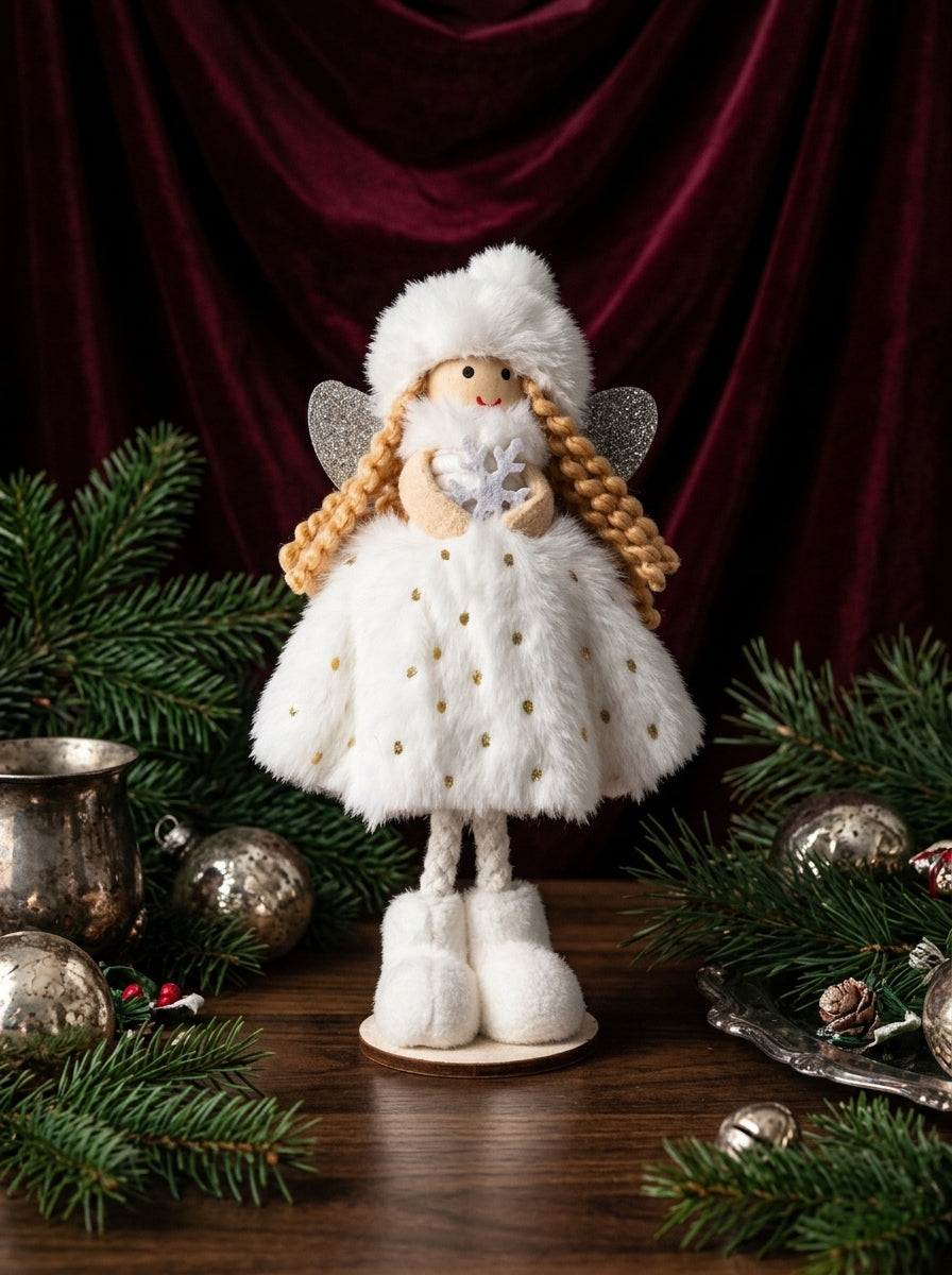 Snow Angel Fairy – Beyaz Kürklü Dekoratif Yılbaşı Perisi - 16 CM