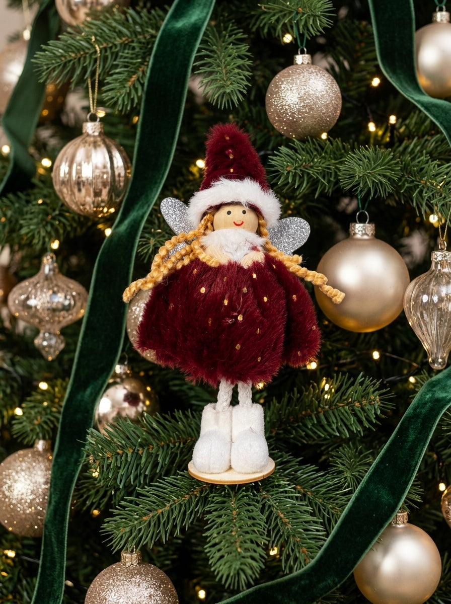 Burgundy Christmas Fairy – Bordo Kürklü Dekoratif Yılbaşı Perisi - 16 CM