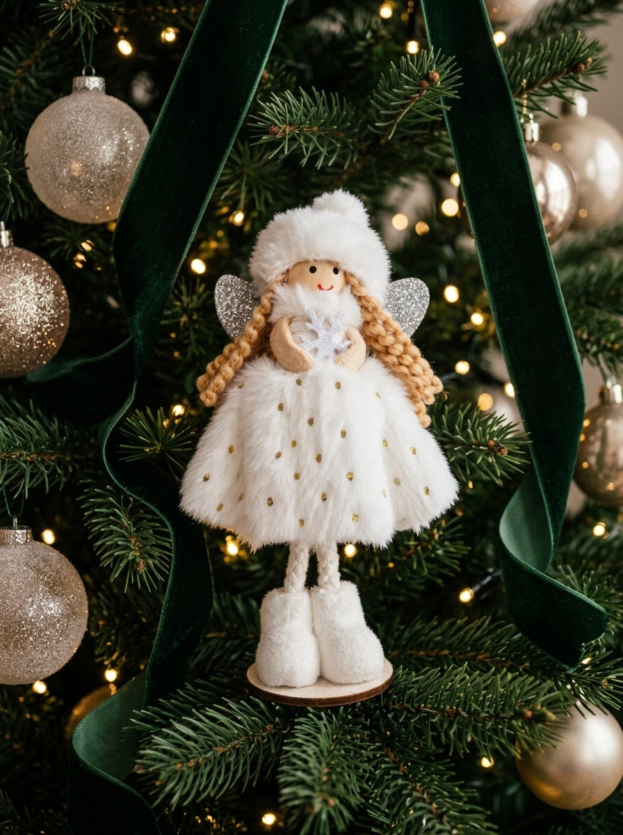 Snow Angel Fairy – Beyaz Kürklü Dekoratif Yılbaşı Perisi - 16 CM