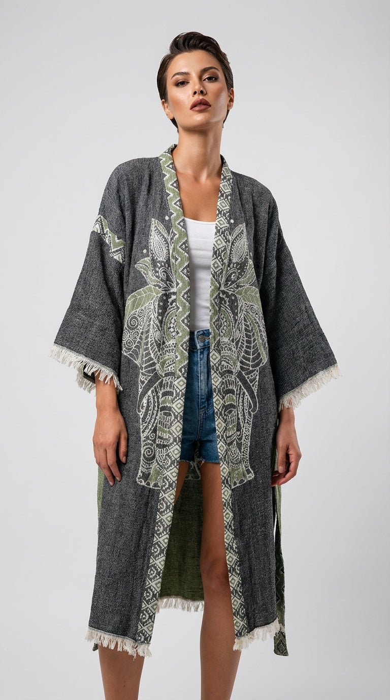 Green-Black Elephant Kimono