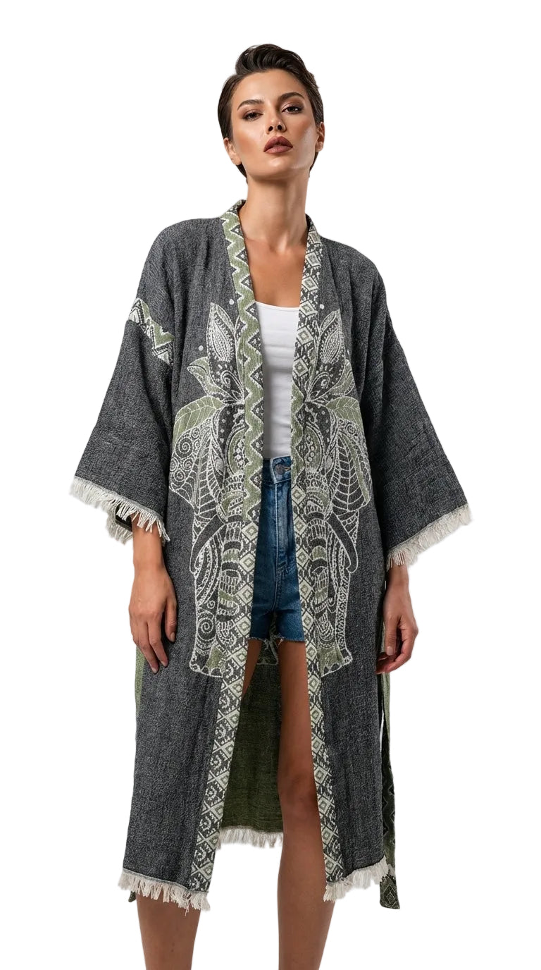 Green-Black Elephant Kimono
