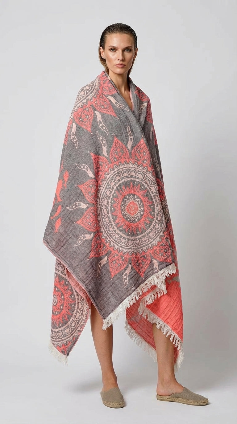 Grey-Orange Mandala Turkish Towel